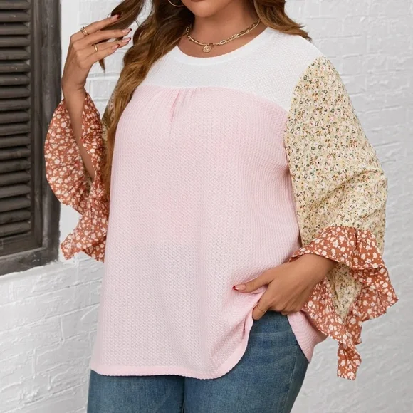Plus Floral Print Waffle Knit 3/4 Ruffle Sleeve Top - Picture 8 of 8